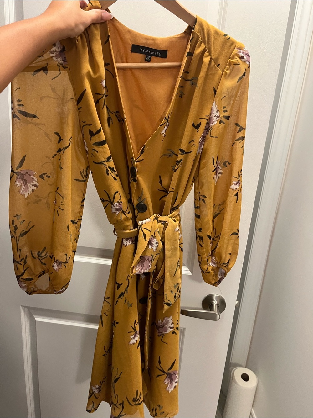 Dynamite Mustard Floral Tie-Waist Wrap Mini Dress